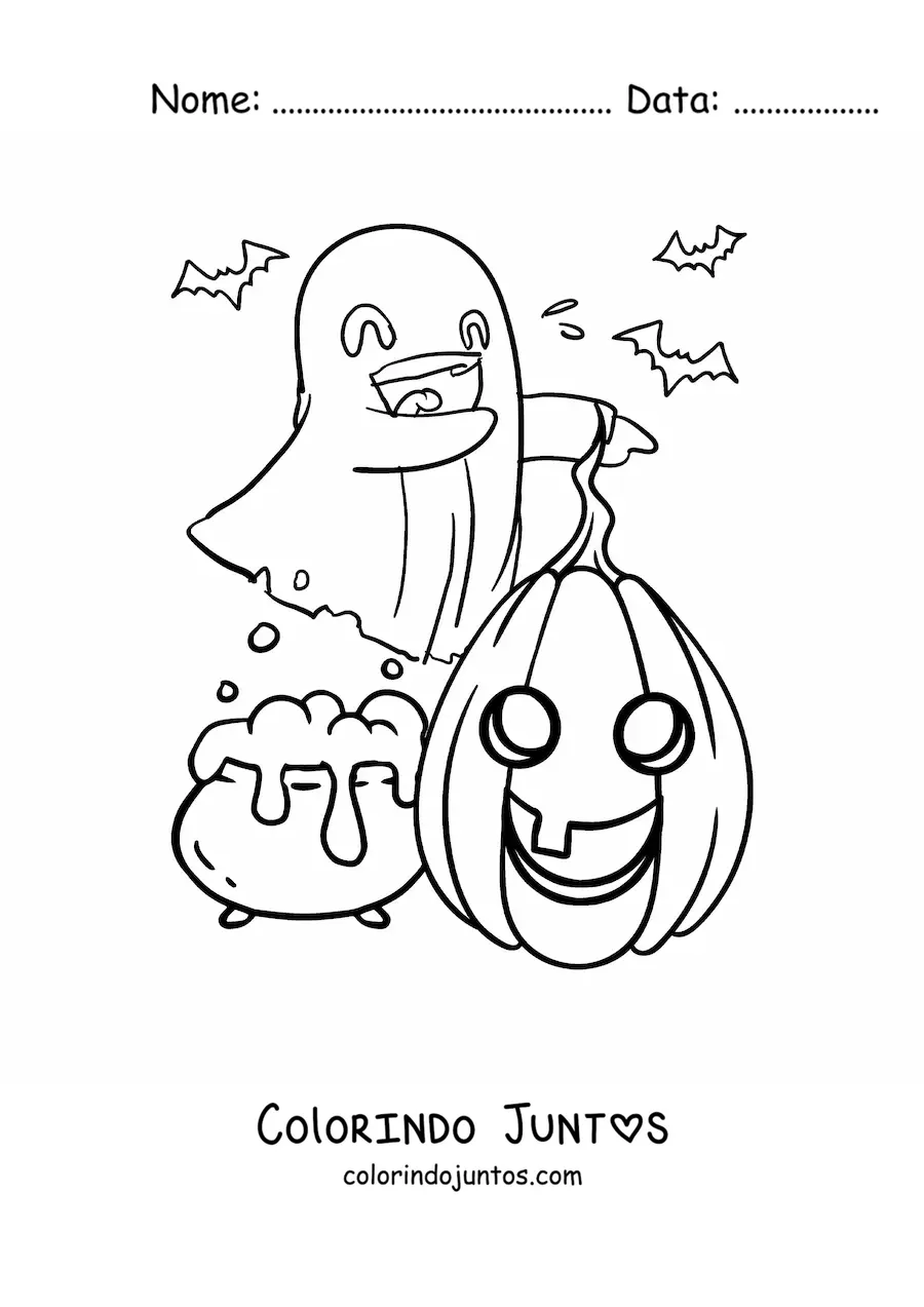Desenho para colorir de fantasma bonito com abóbora de Halloween
