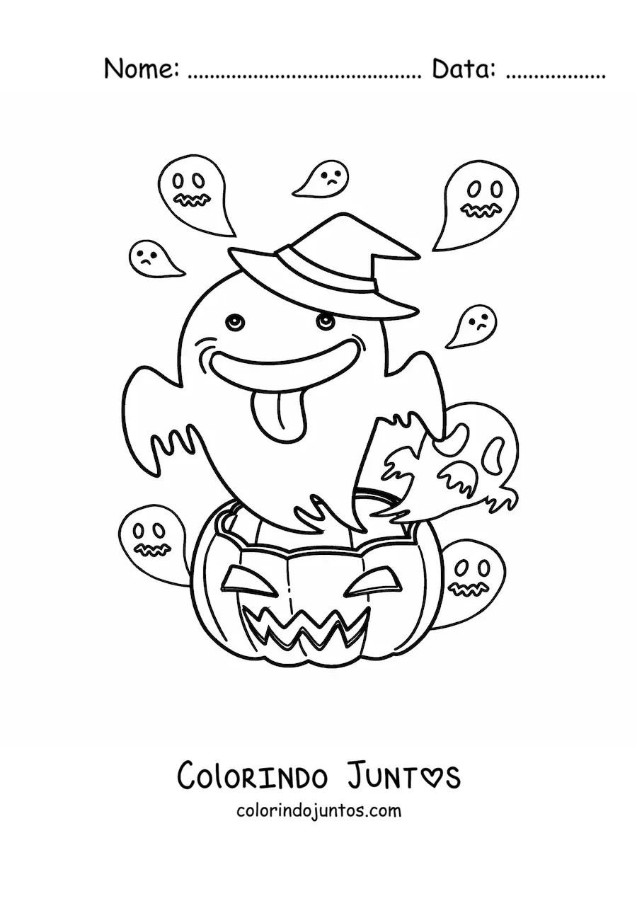 Desenho para colorir de fantasma animado com abóbora de Halloween