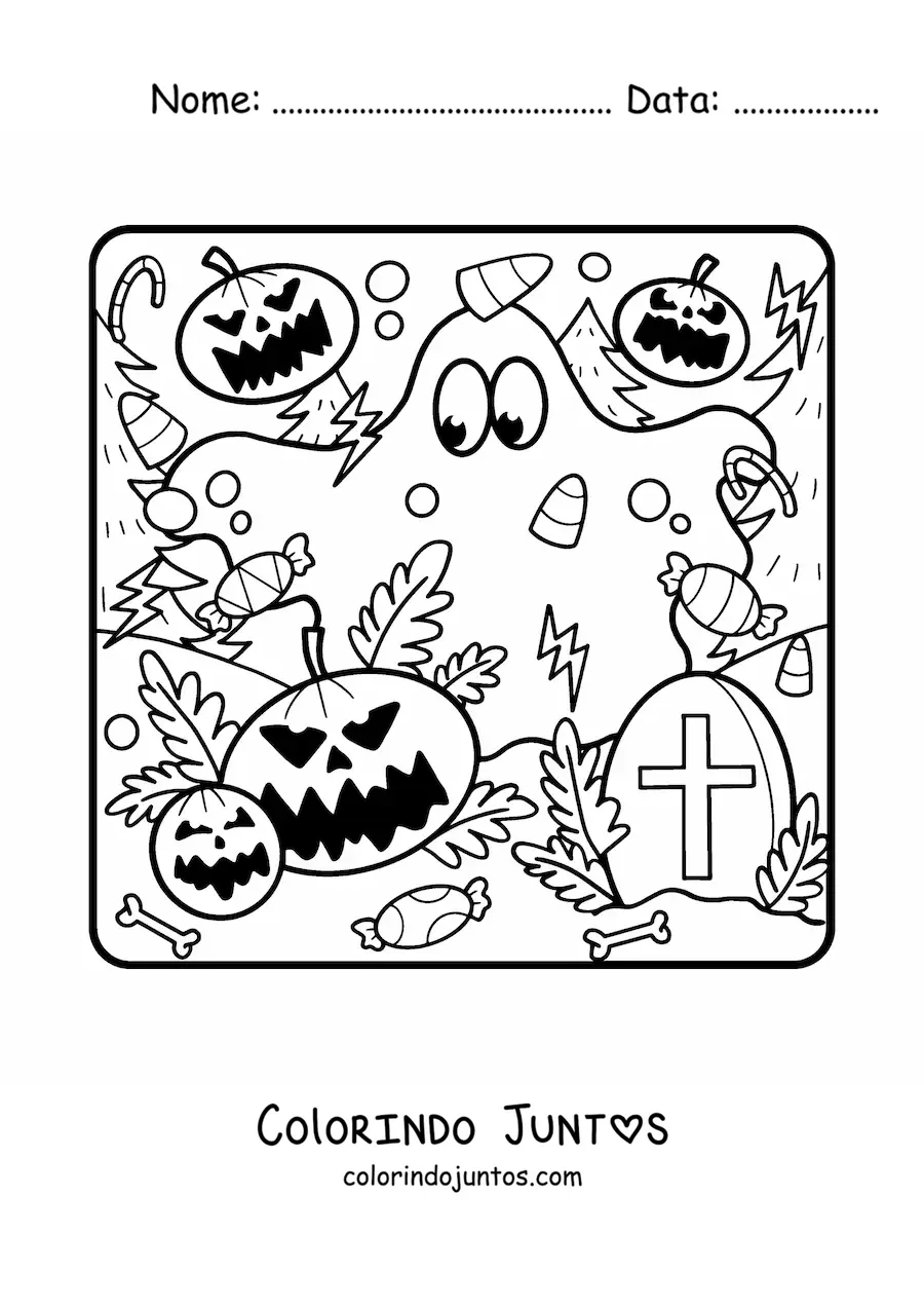 Desenho para colorir de fantasma divertido com abóboras de Halloween