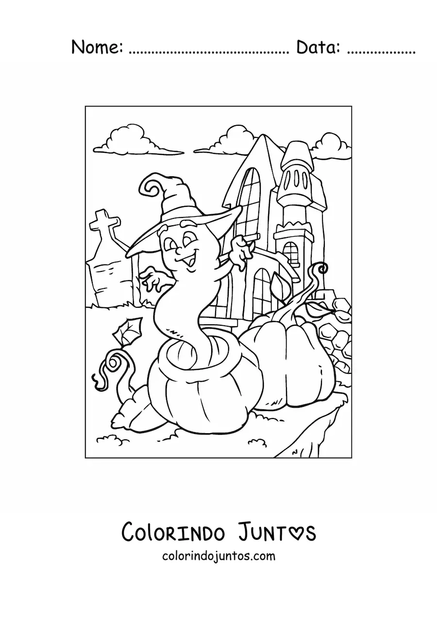 Desenho para colorir de fantasma animado com chapéu de bruxa e casa mal-assombrada