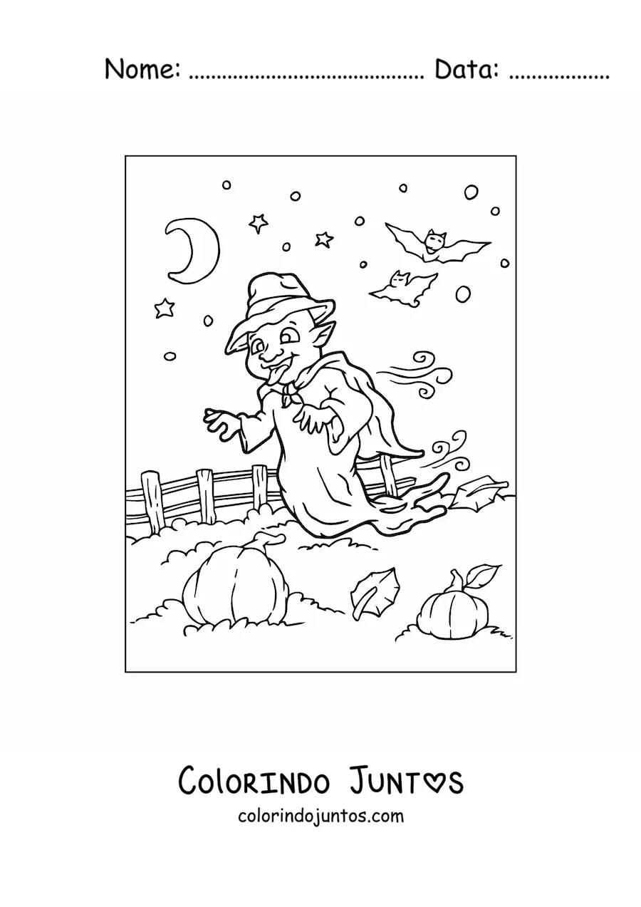 Desenho para colorir de fantasma animado na plantação de abóboras