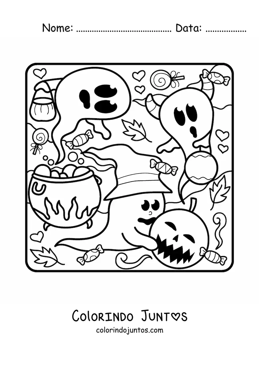 Desenho para colorir de fantasma com chapéu de bruxa e caldeirão