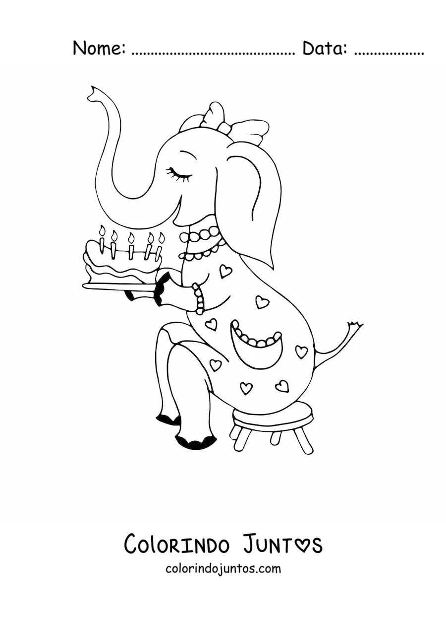 Desenho para colorir de um elefante animado com um bolo de aniversário