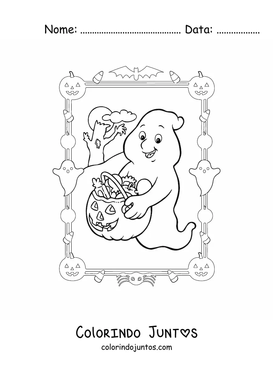 Desenho para colorir de fantasma de desenho animado com doces de Halloween