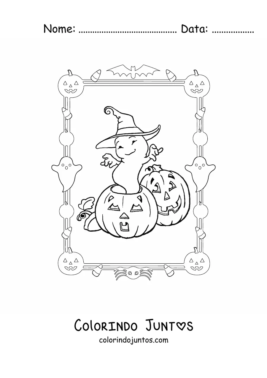 Desenho para colorir de fantasma de desenho animado com chapéu de bruxa no Halloween
