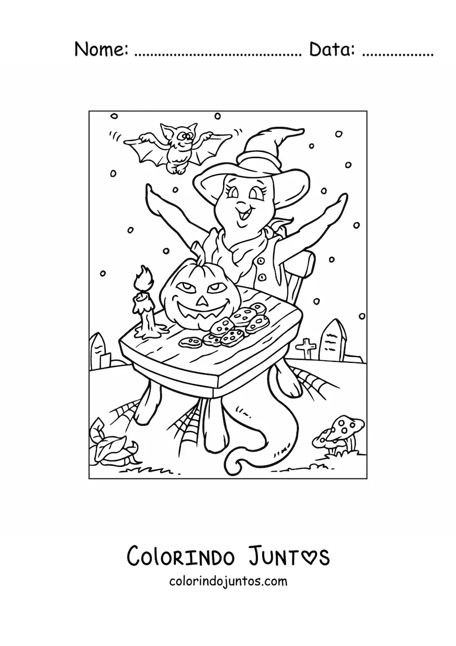 Desenho para colorir de fantasma animado com abóbora de Halloween e morcegos