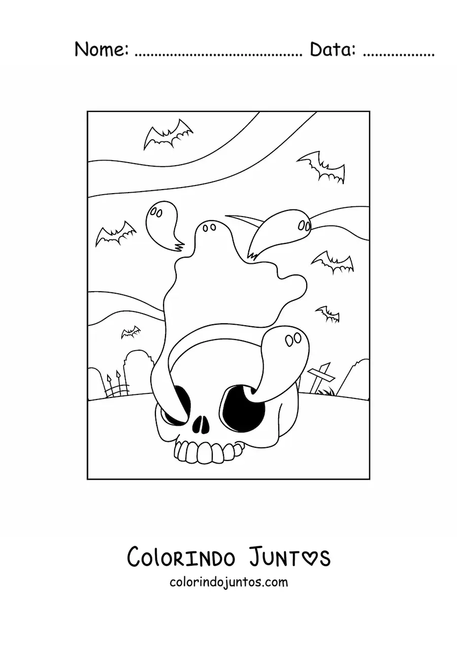 Desenho para colorir de fantasmas assustadores com caveira