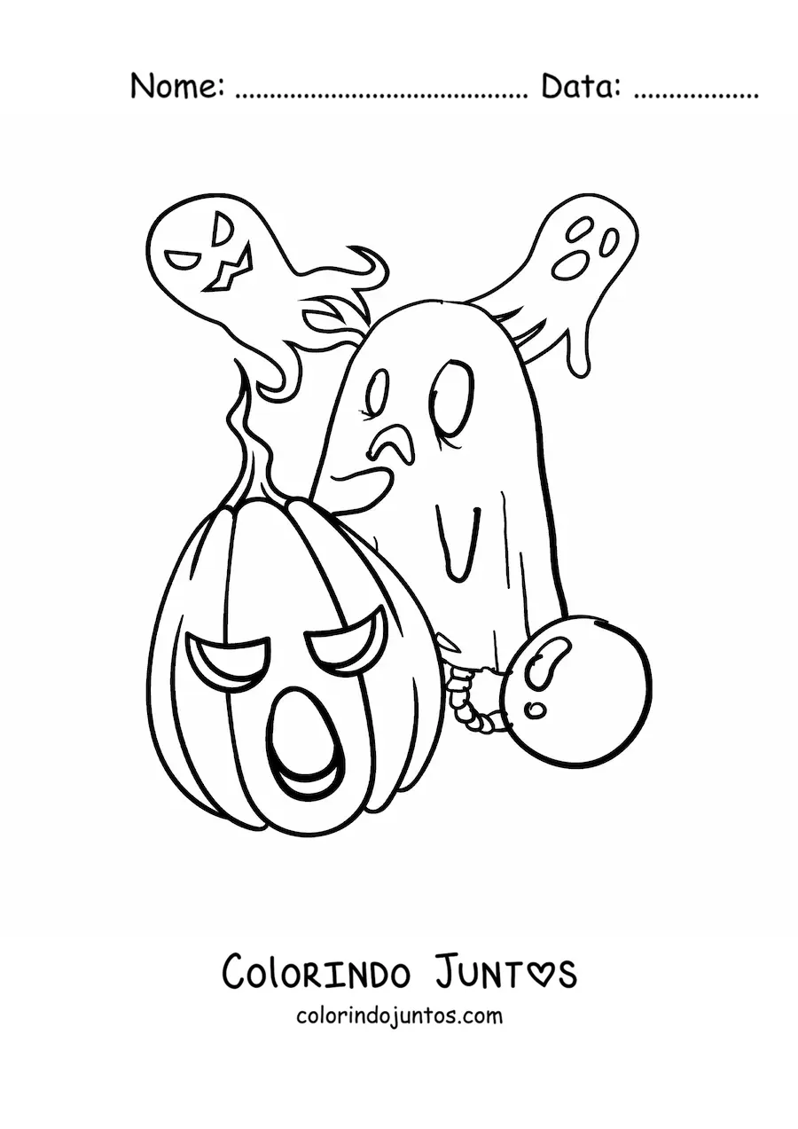 Desenho para colorir de fantasmas e criança fantasiada de fantasma no Halloween