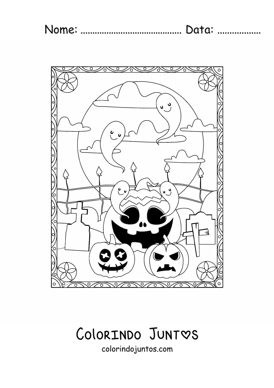 Desenho para colorir de fantasmas com abóboras de Halloween assustadoras