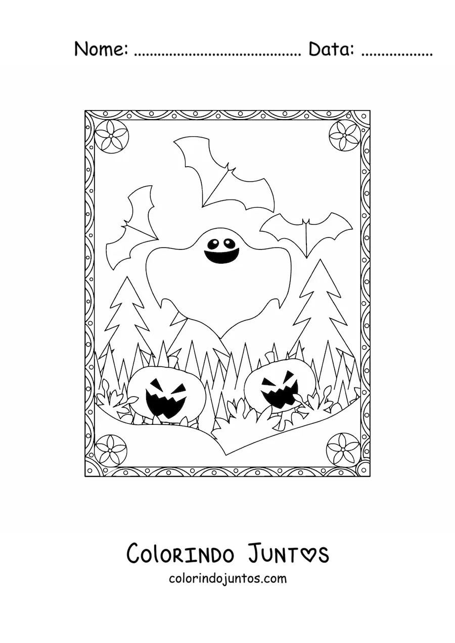 Desenho para colorir de fantasma com abóboras de Halloween assustadoras e morcegos