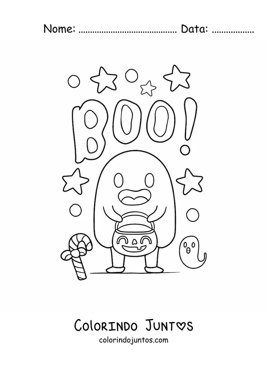 Desenho para colorir de criança fantasiada de fantasma no Halloween