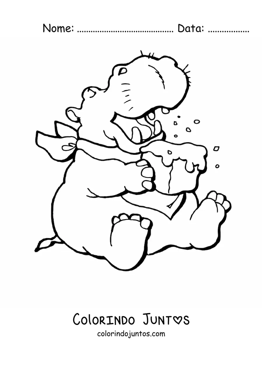 Desenho para colorir de um hipopótamo animado comendo um bolo