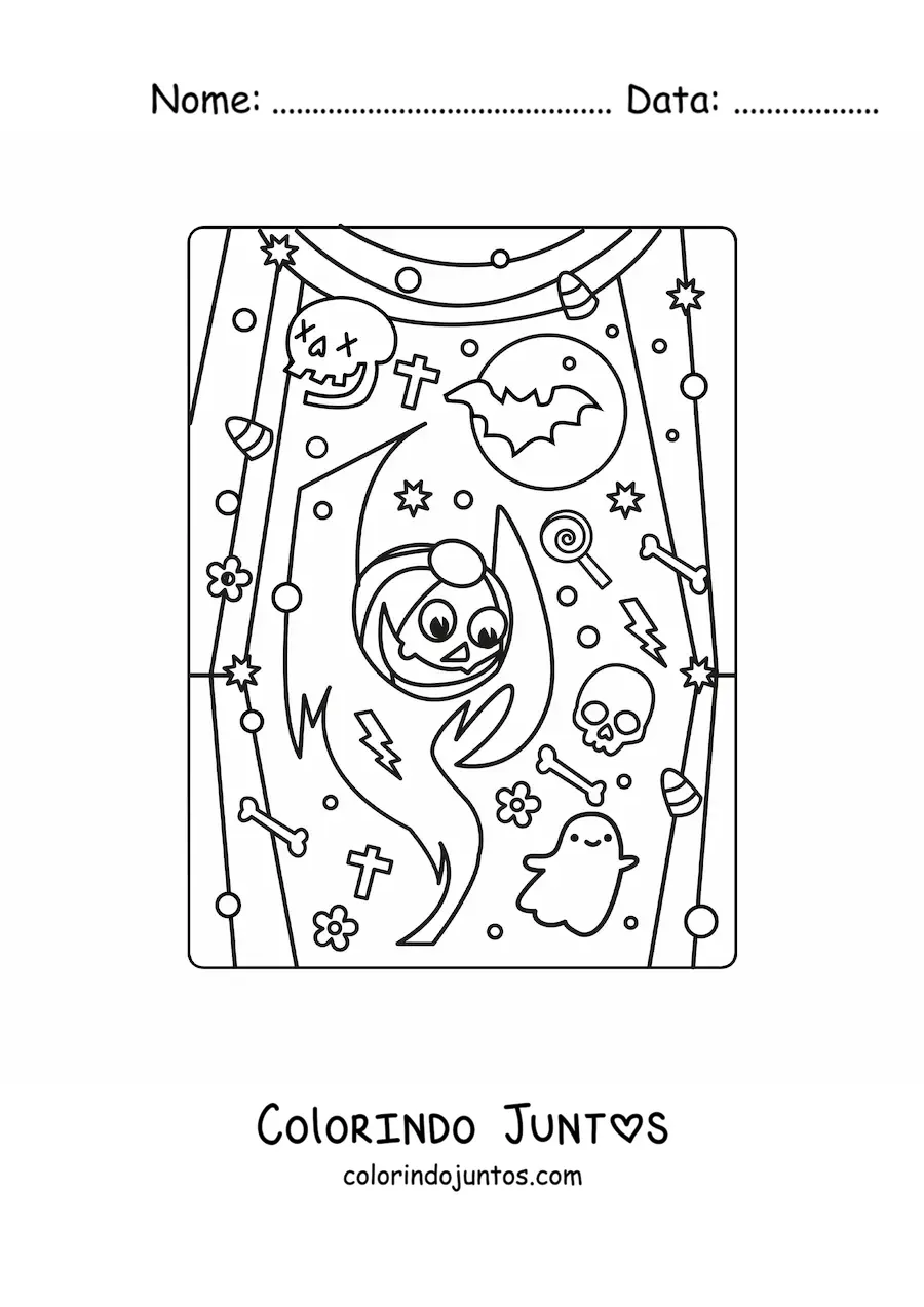 Desenho para colorir de fantasma kawaii com abóbora de Halloween e doces