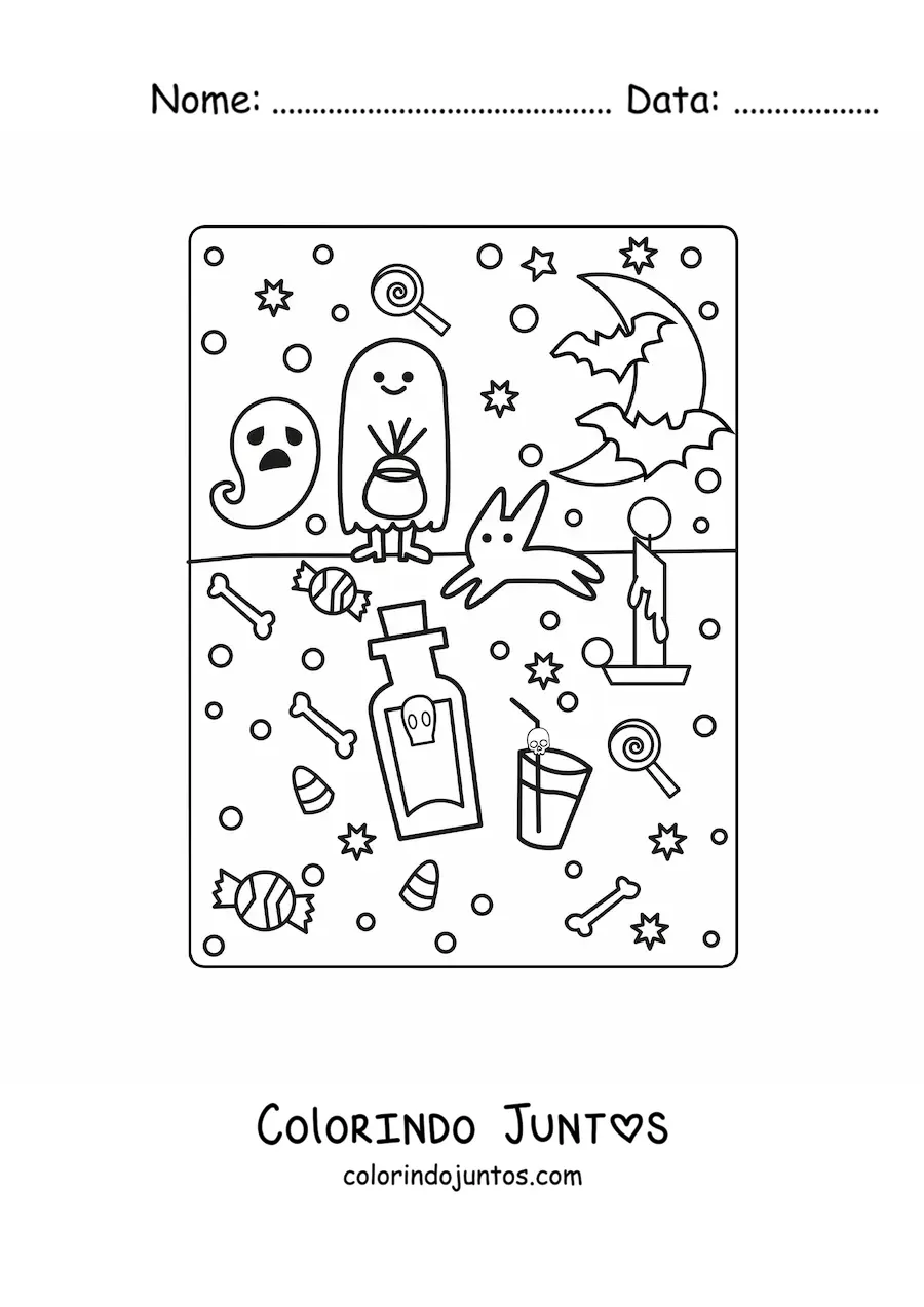 Desenho para colorir de criança fantasiada de fantasma kawaii