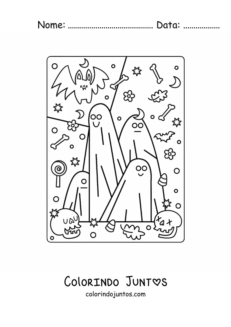 Desenho para colorir de fantasmas animados com morcego kawaii