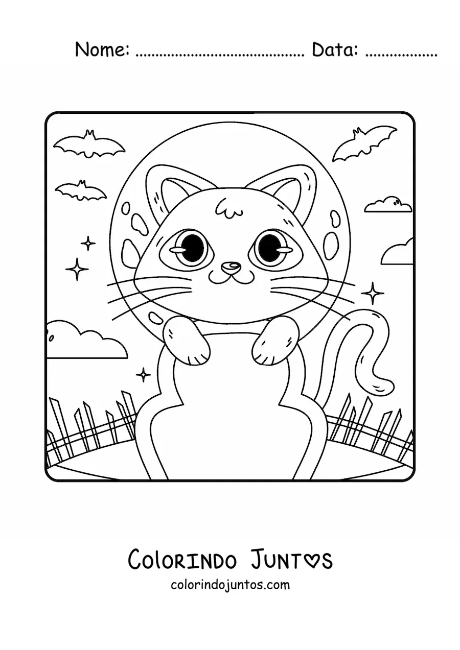 Desenho para colorir de gato kawaii em um túmulo no Halloween