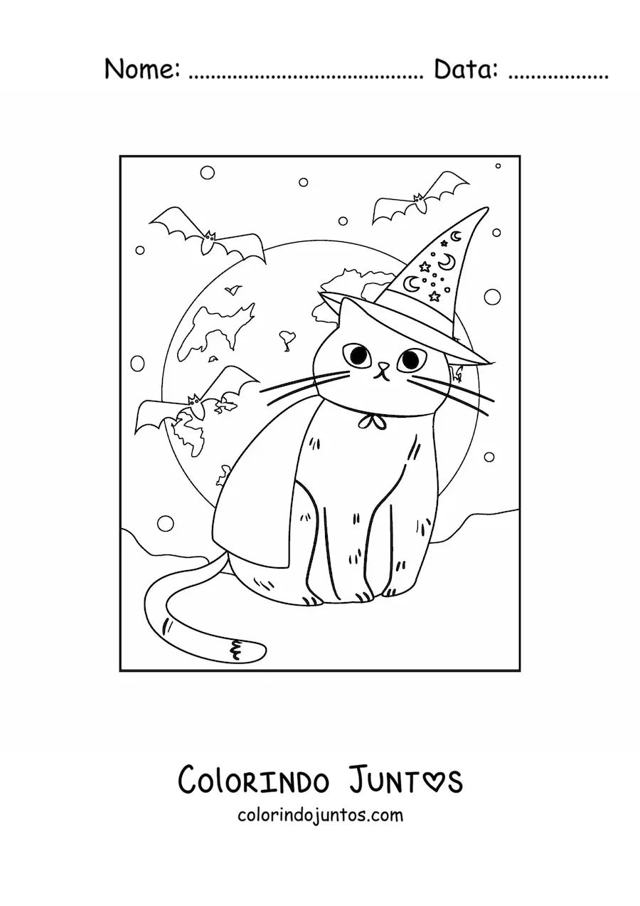 Desenho para colorir de gato kawaii com chapéu de bruxa e morcegos