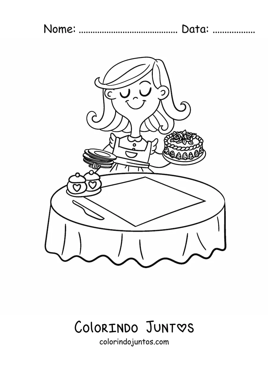 Desenho para colorir de uma mamãe colocando um bolo em uma mesa