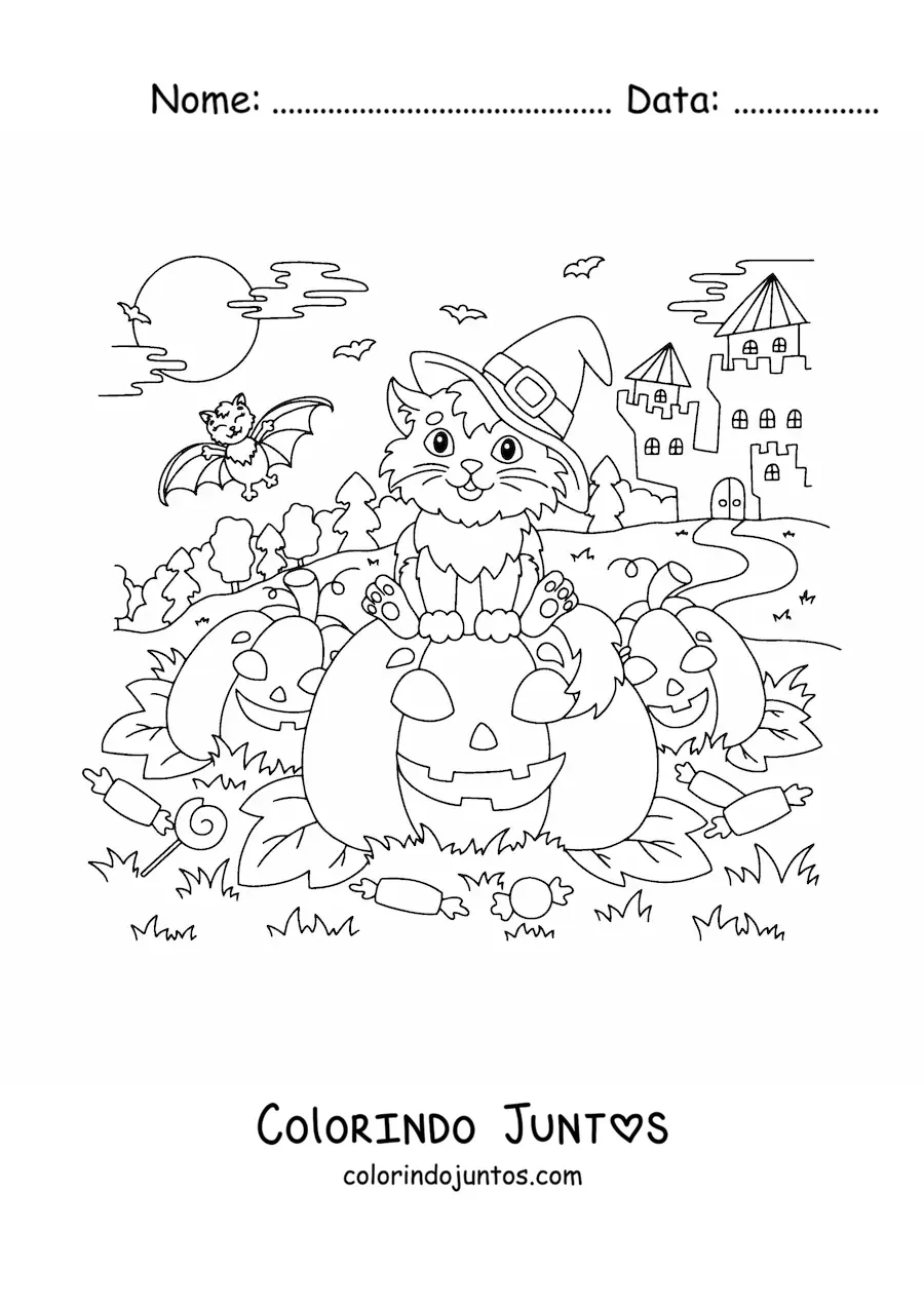 Desenho para colorir de gato kawaii com chapéu de bruxa sentado em uma abóbora de Halloween