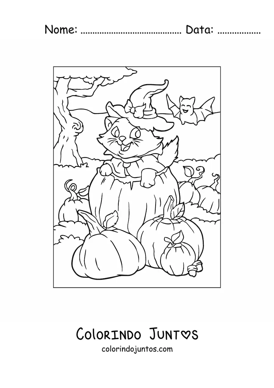 Desenho para colorir de gato kawaii com chapéu de bruxa dentro de uma abóbora de Halloween