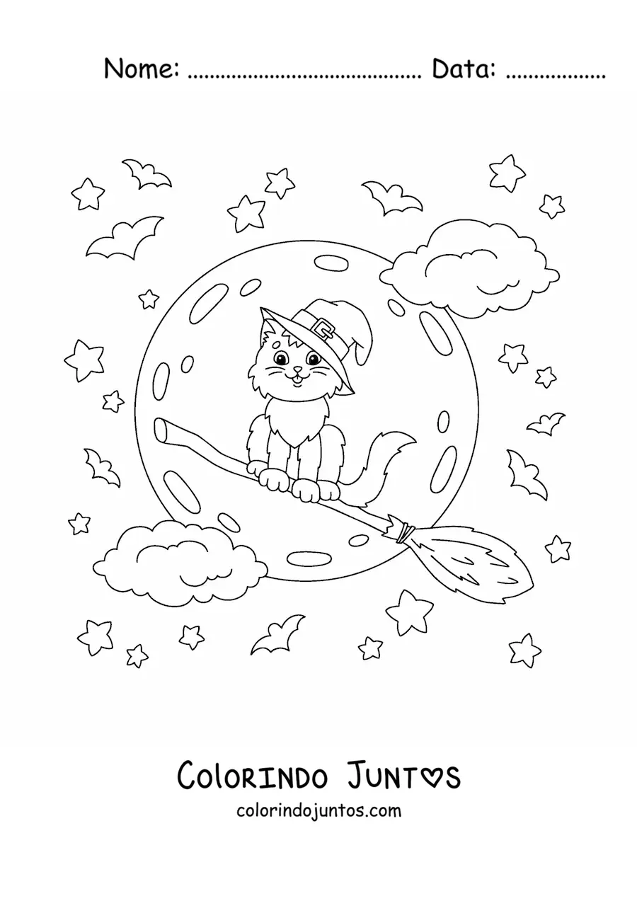 Desenho para colorir de gato kawaii com chapéu de bruxa voando na vassoura