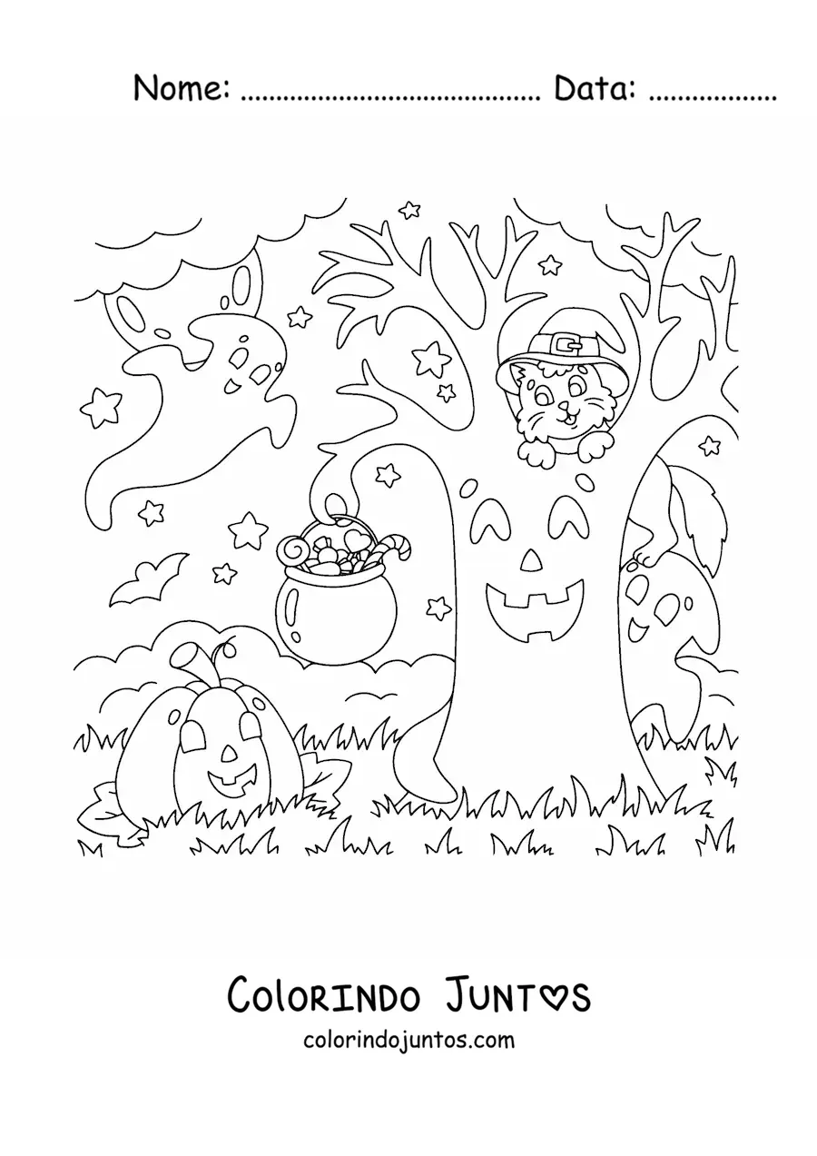 Desenho para colorir de gato kawaii com chapéu de bruxa sobre uma árvore sombria