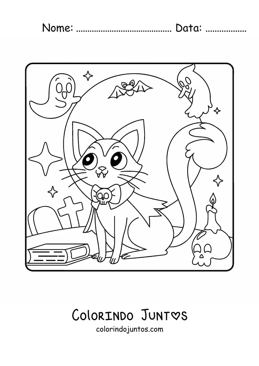 Desenho para colorir de gato vampiro kawaii de Halloween