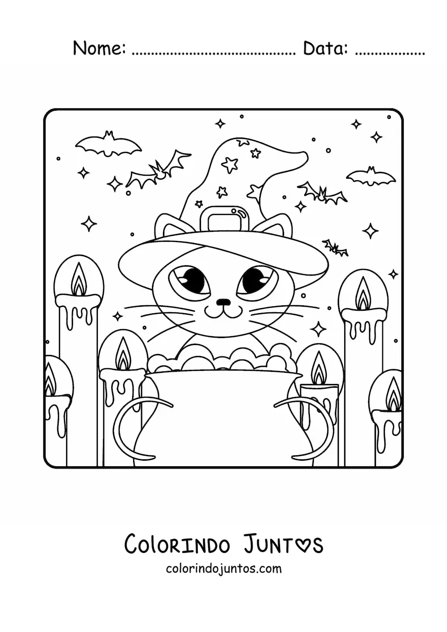 Desenho para colorir de gato kawaii com caldeirão de bruxa e velas