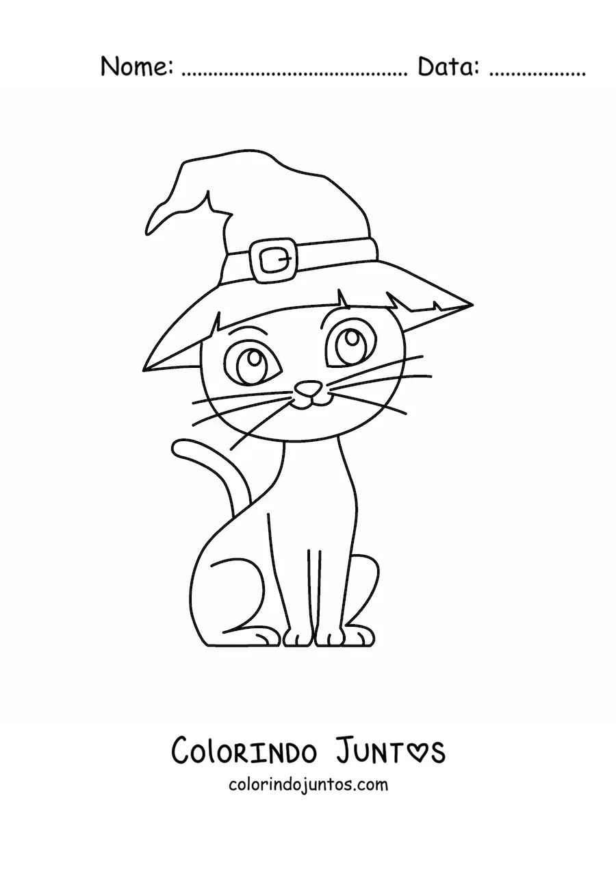 Desenho para colorir de gato de Halloween grande com chapéu de bruxa