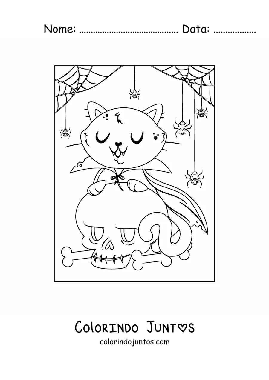 Desenho para colorir de gato vampiro com caveira e teias de aranha