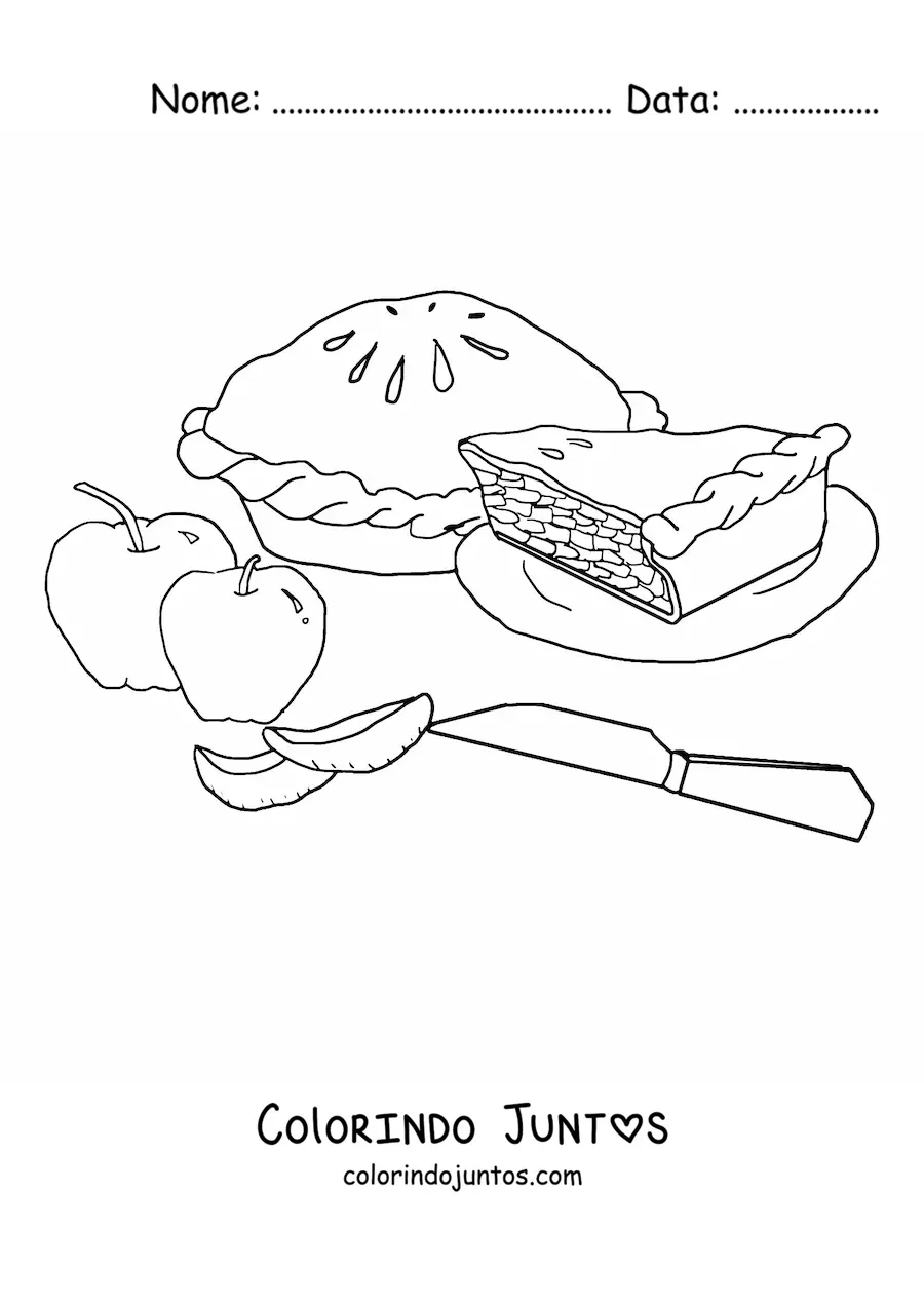 Desenho para colorir de uma torta de maçã com duas maçãs e uma faca