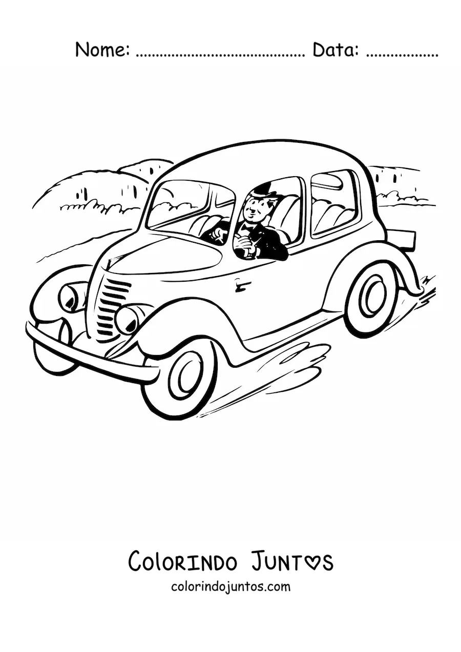 Desenho para colorir de um homem elegante dirigindo um carro antigo