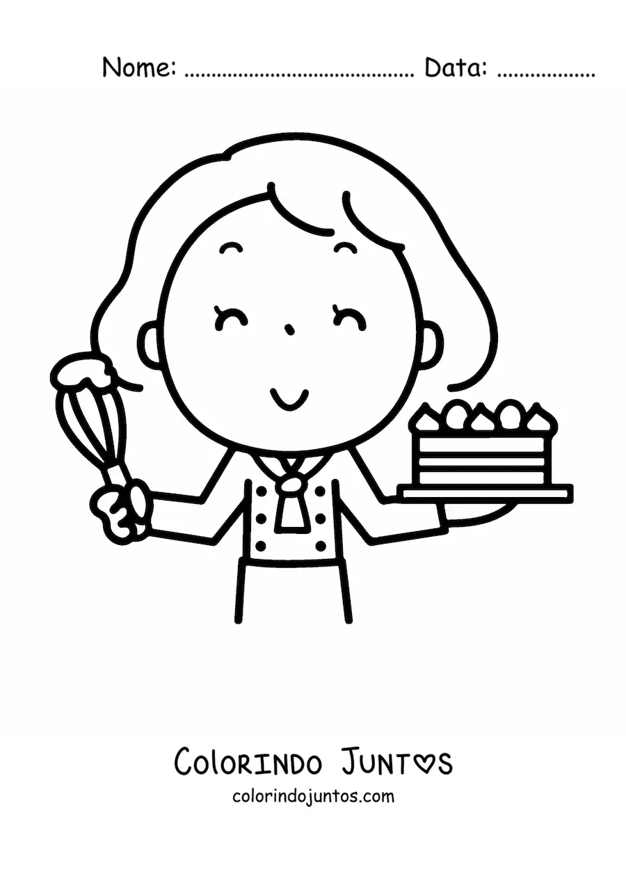 Desenho para colorir de uma menina confeiteira com um bolo