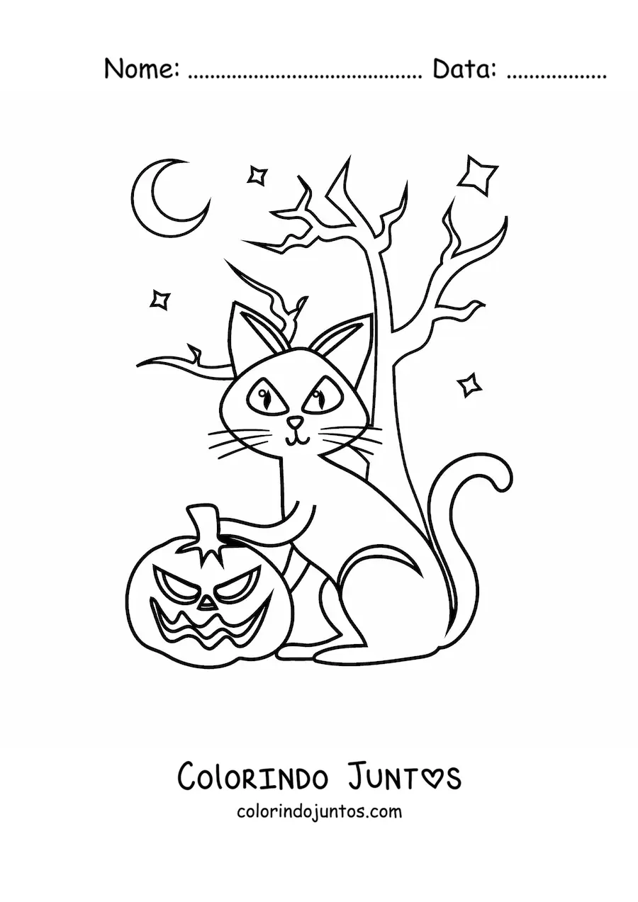 Desenho para colorir de gato animado com abóbora de Halloween