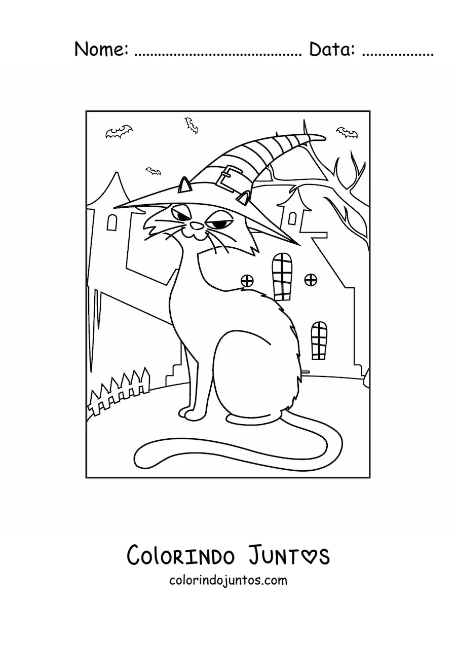 Desenho para colorir de gato animado com chapéu de bruxa em casa mal-assombrada