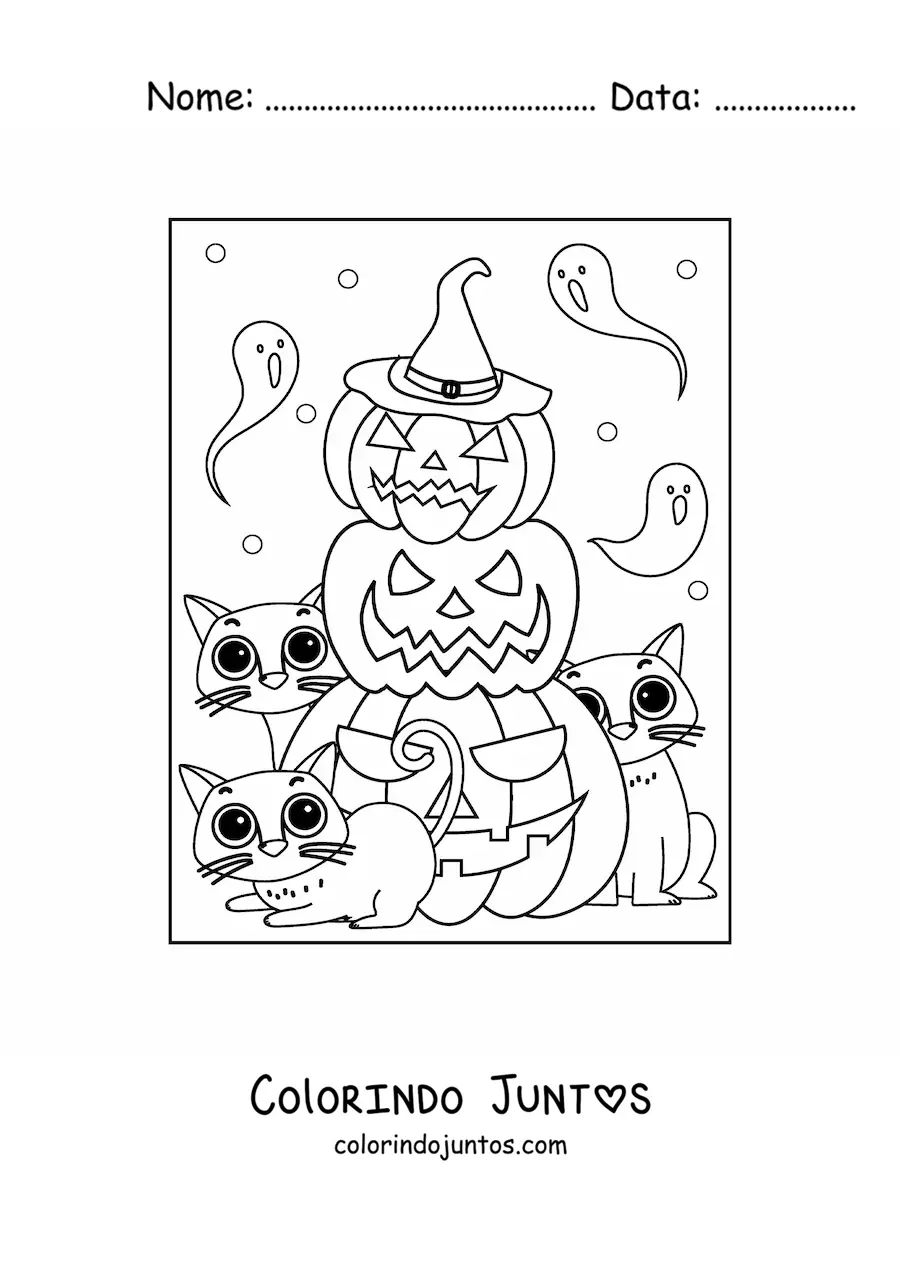 Desenho para colorir de gatinhos kawaii com abóboras de Halloween