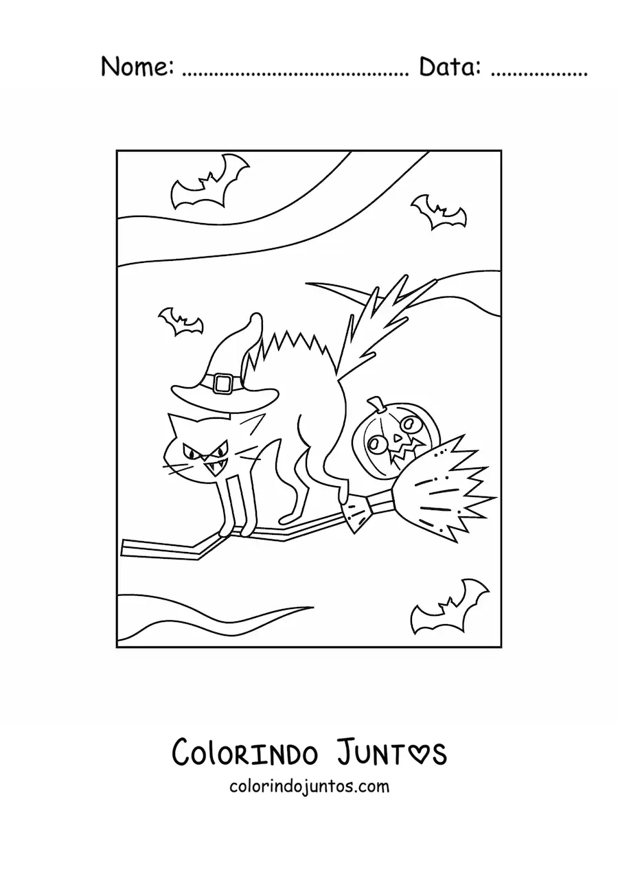 Desenho para colorir de gato voando na vassoura de bruxa no Halloween