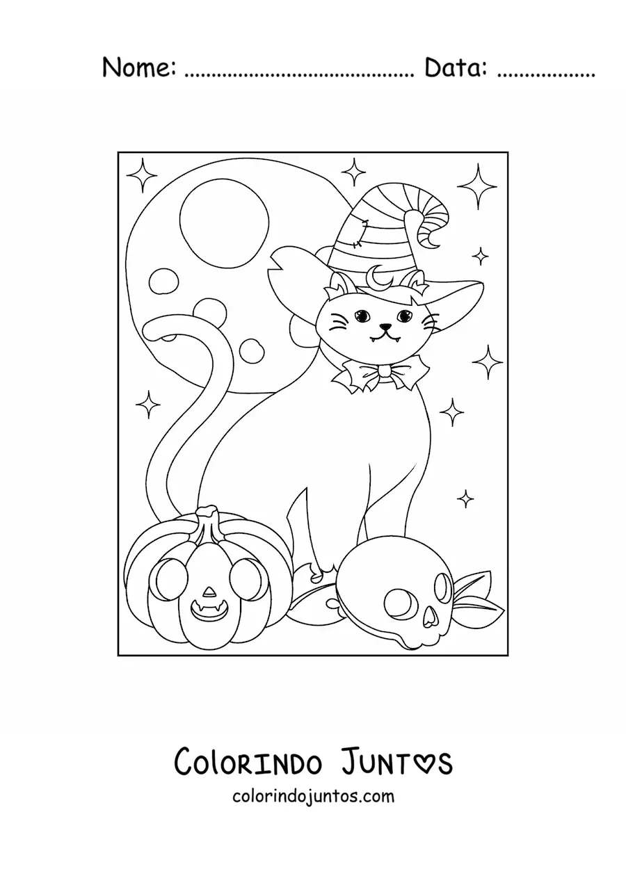 Desenho para colorir de gato kawaii com chapéu de bruxa e caveira
