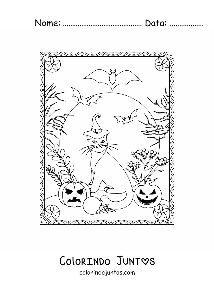 Desenho para colorir de gato com abóboras de Halloween assustadoras e morcegos