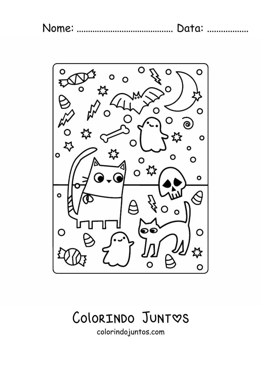 Desenho para colorir de gatos animados com fantasmas e doces de Halloween
