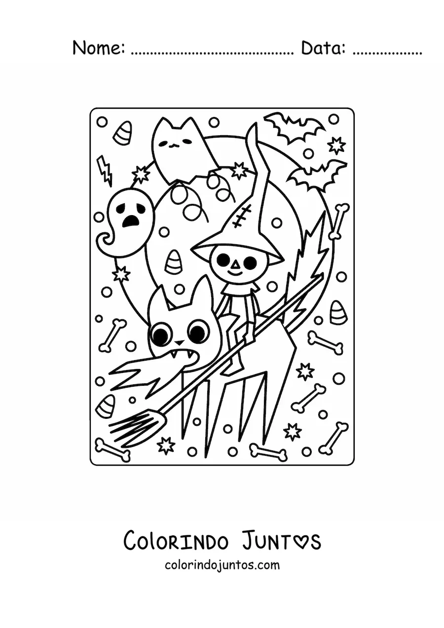 Desenho para colorir de gato com fantasma kawaii de Halloween