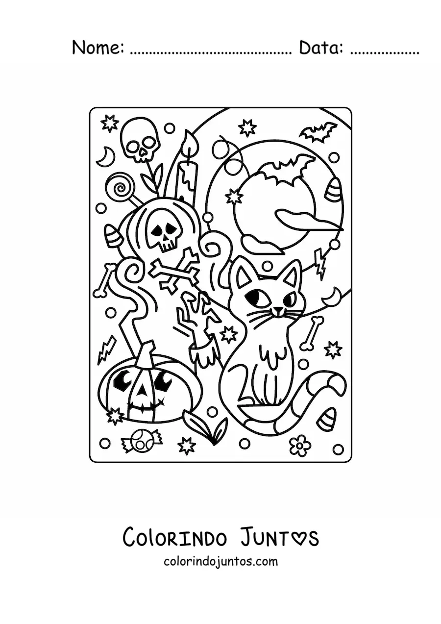 Desenho para colorir de gato animado com túmulo e abóbora kawaii no Halloween