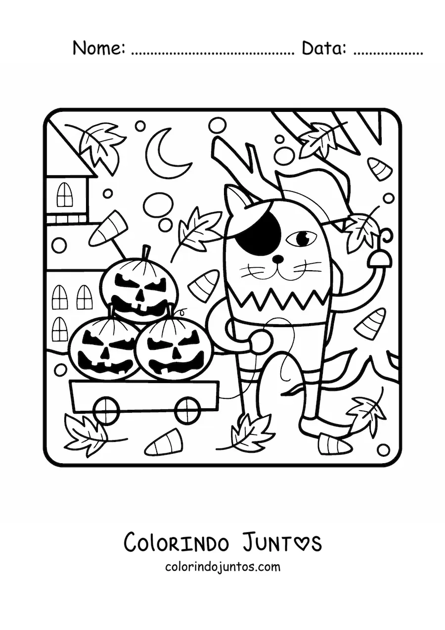 Desenho para colorir de desenho de gato com abóboras de Halloween