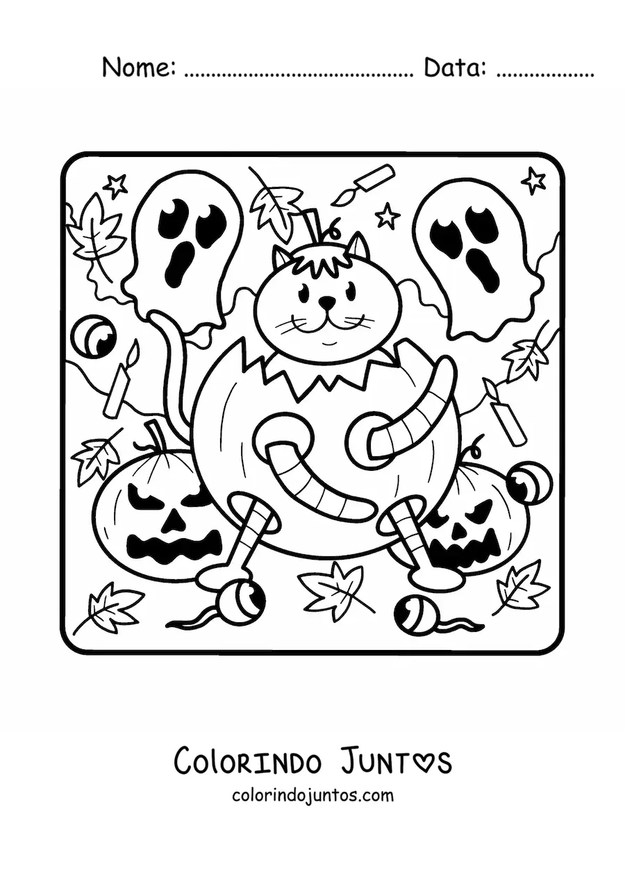 Desenho para colorir de desenho de gato em uma abóbora de Halloween com fantasmas