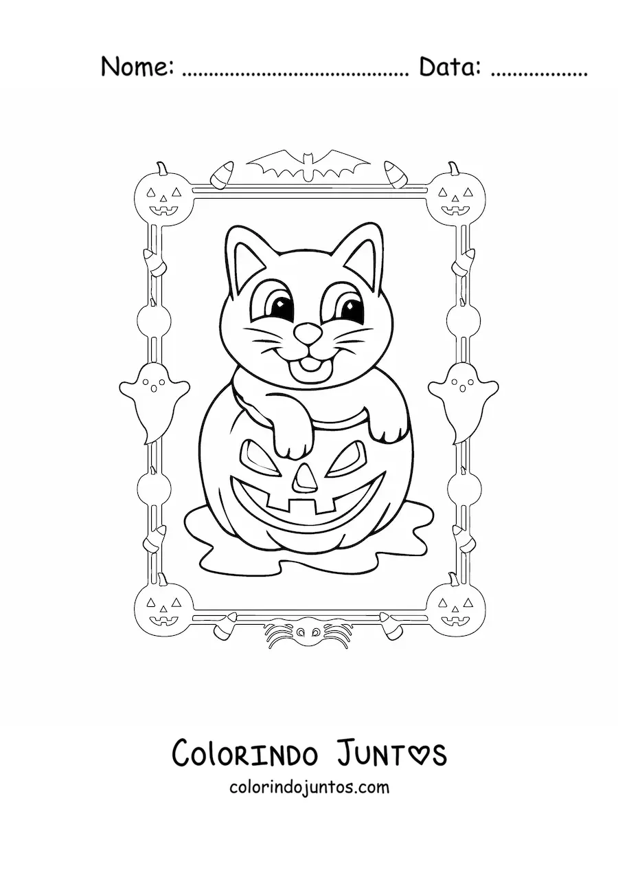 Desenho para colorir de desenho de gato fofo em abóbora de Halloween
