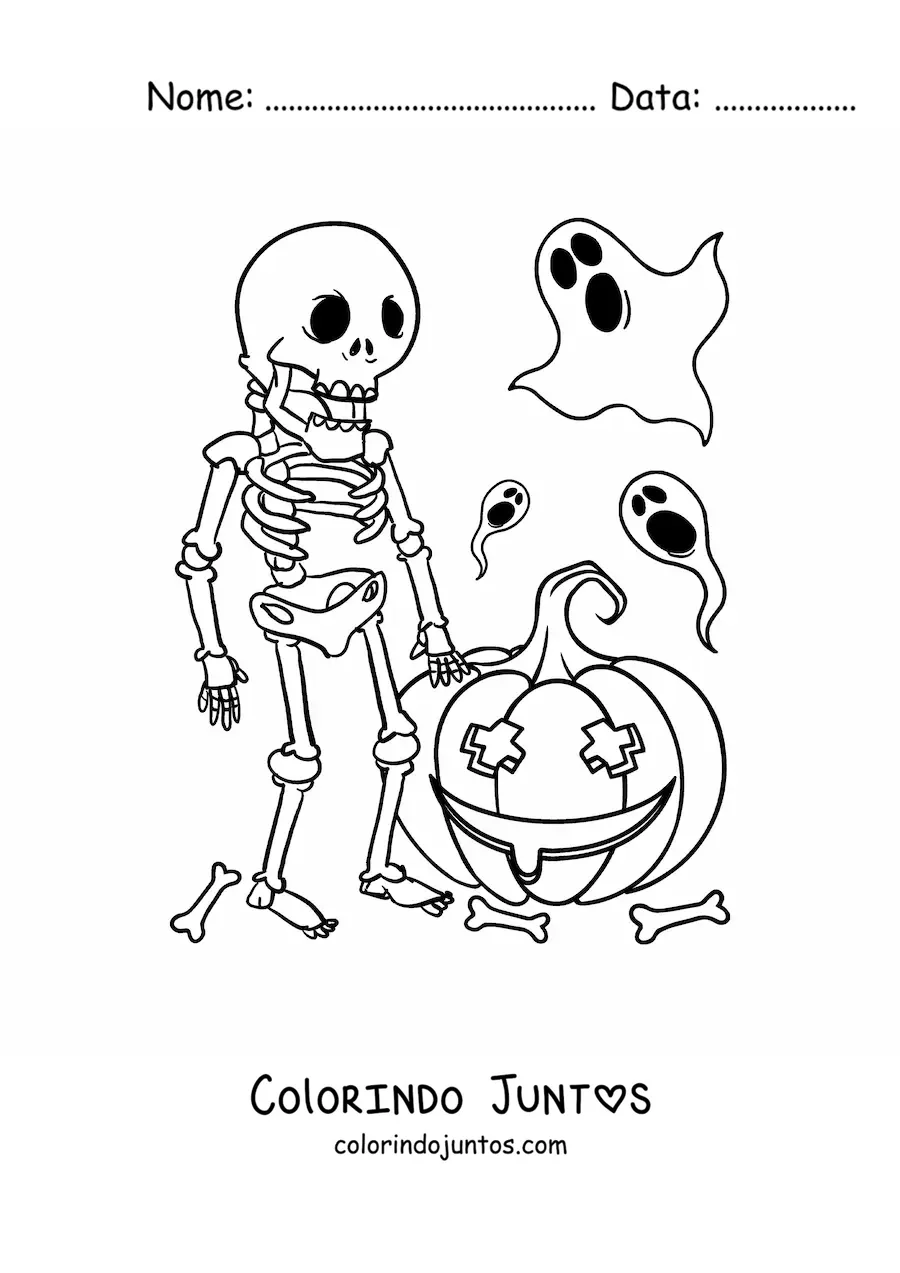 Desenho para colorir de esqueleto com fantasmas e abóbora de Halloween