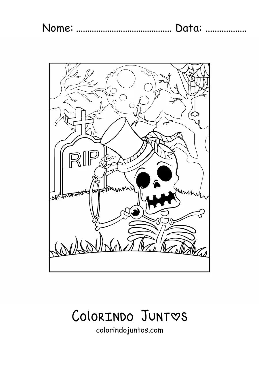 Desenho para colorir de esqueleto assustador em seu túmulo na noite de Halloween