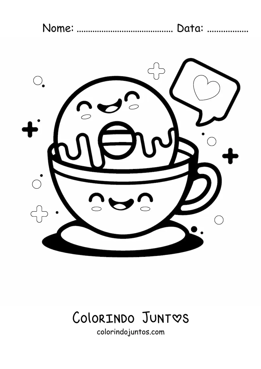 Desenho para colorir de uma rosquinha kawaii em uma xícara de café kawaii