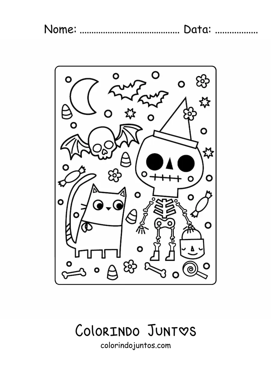 Desenho para colorir de esqueleto animado com doces de Halloween