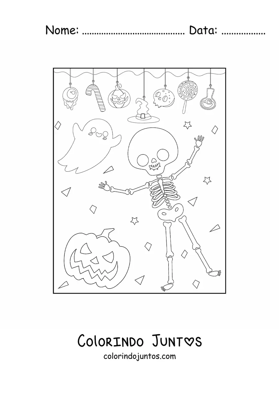 Desenho para colorir de esqueleto animado com fantasma na festa de Halloween